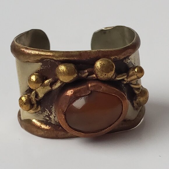 Vintage Handmade Metal Cuff Ring Unisex Mixed Metal Colours Oval Cabochon Stone - Picture 1 of 4